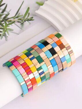 Roxanne Assoulin Colorful Rainbow Enamel Elastic Bracelet (Gold)